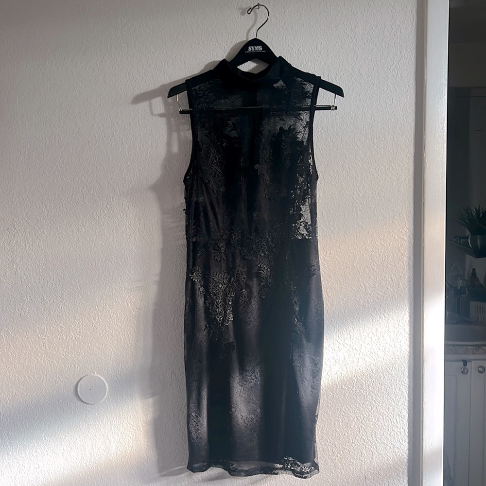 Black sheer floral and lace midi dress